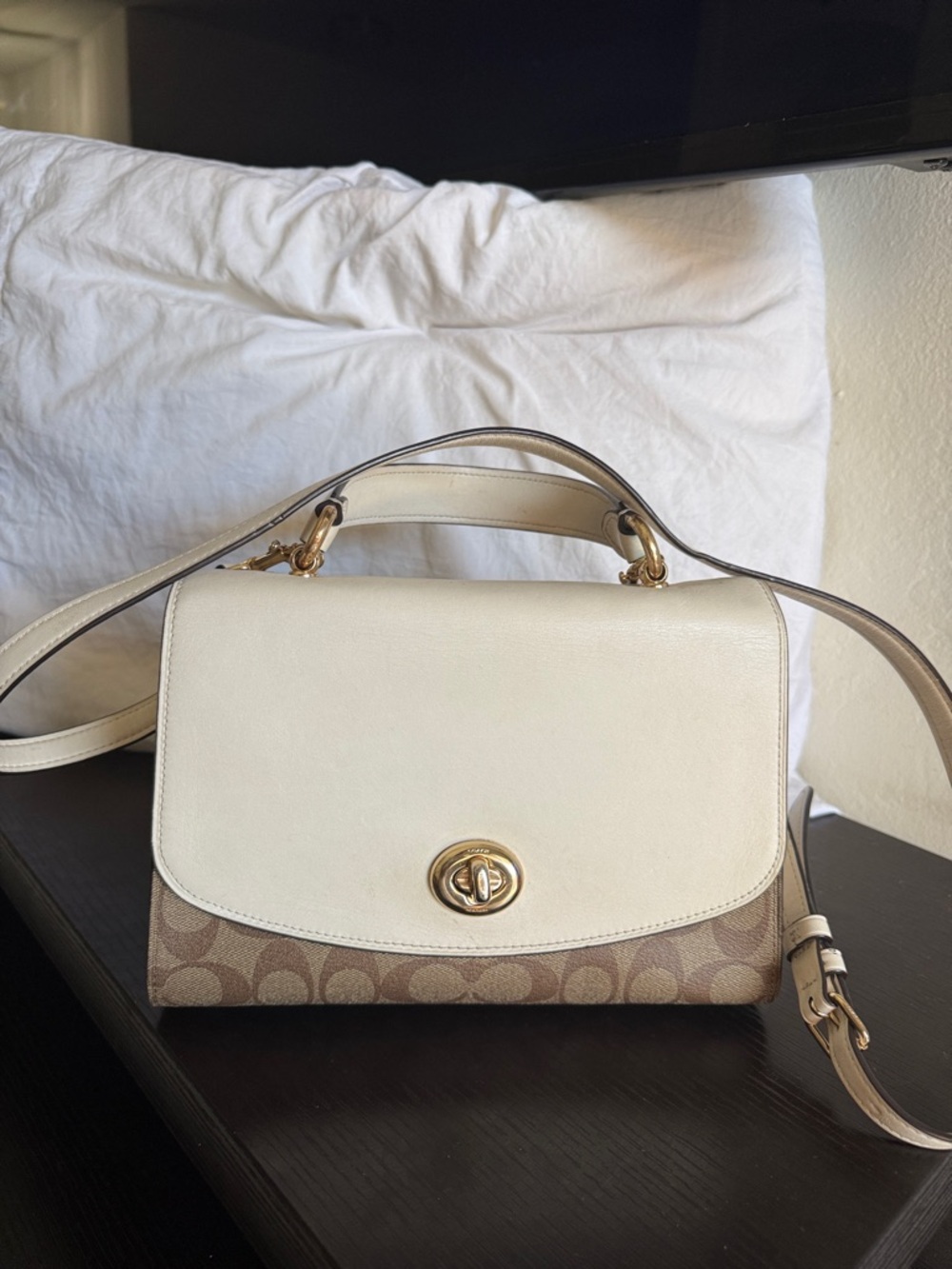 Cream and Tan Signature Canvas Top-Handle Shoulder Bag
